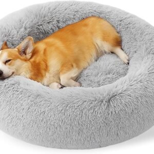 SEOUGEE Calming Donut Dog Bed, Fluffy Plush Round Cat Bed, Cosy Soft Washable Cushion Self-Warming Pet Beds with Non-Slip Bottom, Indoor Sleeping Cuddler Nest for Medium Large Dogs (Grey 80cm)