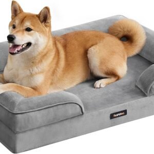 Feandrea Orthopaedic Dog Sofa Bed, L Dog Bed with Raised Sides, Egg Crate Foam, Removable and Washable Cover, Non-Slip Bottom, Water-Resistant Lining, Dove Grey, 89 x 63 x 16 cm PGW322GD01