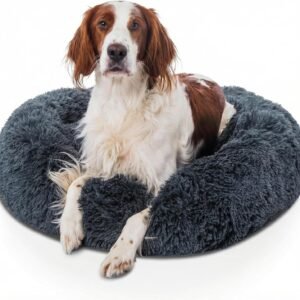Woof & Whiskers Calming Donut Dog Bed Large 80cm ? Dark Grey | Anti-Anxiety Round Plush Pet Bed for Dogs & Cats, Non-Slip Base, Machine Washable, Soft & Comfortable (Dark Grey, 80cm)