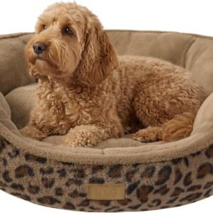 Snug Calming Donut Pet Bed - Faux Fur Leopard Print - Washable Dog Cat Bed - Large