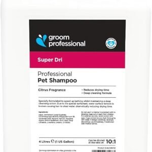 GROOM PROFESSIONAL Super Dri Dog Shampoo - Fast Drying & Deep Cleaning Formula - Ideal for Thick Coats - Removes Dirt, Debris & Grease from Smelly Dogs - Adds Shine & Softness to Coat, Fresh Scent, 4L