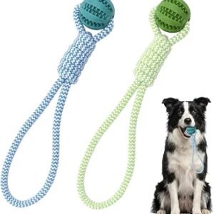 2 Pack Tug Toys for Dogs with Cotton Rope, Durable Dog Toy Set for Tug of War & Chewing, Strong Ball on a Rope for Dogs for Indoor & Outdoor Training, Blue and Green