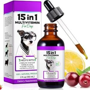 Dog vitamins and supplements, 15 in 1 Dog Multivitamin Drops, 60ml multivitamin for dogs, Helps with Immune System, Skin and Coat, Gut Health and Heart Health Digestion