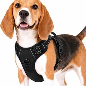 Funfox Dog Harness Medium No Pull, Breathable Padded Dog Harness with Handle, Anti Pull Adjustable Pet Vest with with Front Clip, Reflective Outdoor Safe Night Walking for Small Large Breed Black M