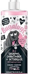 BUGALUGS 3-in-1 Dog Shampoo, Conditioner & Detangler ? Raspberry & Lemon Scented Grooming for Smelly Dogs, Puppy Coat Care, Pet Accessories (500ml) (BSDTCDE500)