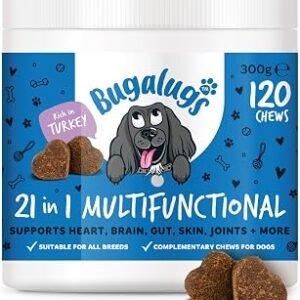 BUGALUGS 21 in 1 Multifunctional Dog Treats ? Helps Gut, Teeth, Bladder, Joints, Calming, Relax & Itchy Skin - Perfect for Small, Medium & Large Dogs -120 chews