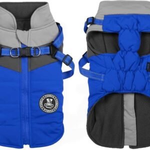 Dog Coat with Built-in Harness | 3-in-1 Waterproof Winter Jacket & Raincoat | Reflective Warm Puppy Clothes for Small Medium Dogs | Outdoor Walking (Blue, S)