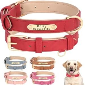 SEOUGEE Personalised Leather Dog Collar, Soft Padded Leather Dog Collars Heavy Duty with Custom Engraved Name Plate Adjustable for Small Medium Large Dogs (S, Crimson Red 23-32cm)