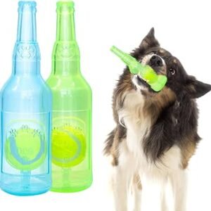 2 Pcs Squeaky Ball in A Bottle Dog Toys - Indoor and Outdoor Dog Chew Toy, Pet Product Bottle Shape Interactive for Boredom Small Medium Dogs (Green, Blue)