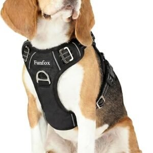 Funfox Dog Harness Medium, No Pull Harness with Front Clip & Vertical Handle, Adjustable Anti Pull Padded Pet Vest, Reflective Night Walking Size for Small Medium Large Breed, Black M