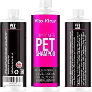 Baby Powder Dog Shampoo 1 Litre Highly Potent Talcum Scent, Aloe Vera Conditioning, PH Balanced, Concentrated 20:1, Odour Control for Smelly Dogs, Sensitive Skin & Puppy Friendly UK Made by Vito-Kleen