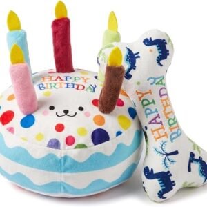 2-Piece Dog Birthday Toy Set - Squeaky Plush Cake & Chew Bone