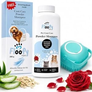 Coat Care Powder Shampoo for Dogs & Cats with Grooming Brush Included - Waterless No Rinse Dry Pet Shampoo Powder with Aloe Vera & Oats, Removes Odor & Excess Oil, Soft & Fresh Coat, 260g