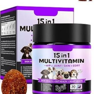 15 in 1 Dog Multivitamin Treats, 30 Chews Vitamins Supplements for Dogs, Dog Supplements, Hip & Joint Supplements, Immune System, Skin & Coat, vitamins for dogs for All Breeds and Ages