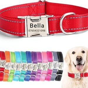 SEOUGEE Personalised Dog Collar with Engraved Metal Buckle, Reflective Nylon Collars for Small Medium Large Dogs with Custom Name Plate Phone Number (Red, L:Neck 40-60cm,Width 2.5cm)