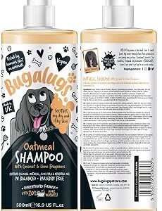BUGALUGS Oatmeal & Aloe Vera Dog Shampoo dog grooming shampoo products for smelly dogs with fragrance, oatmeal puppy shampoo, professional Vegan pet shampoo & conditioner (500ml)