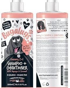 BUGALUGS Dog Shampoo Luxury 2 in 1 Papaya & Coconut dog grooming shampoo products for smelly dogs with fragrance, best puppy shampoo, professional groom Vegan pet shampoo & conditioner