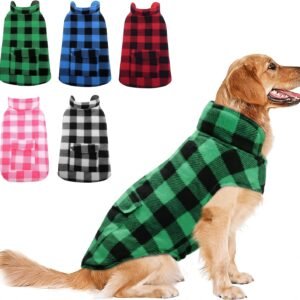 ASENKU Warm Waterproof Dog Coat Winter Fleece Dog Jackets Tartan Dogs Coat with Harness Hole Plaid Reversible Dog Vest for Small Medium Large Dogs XL