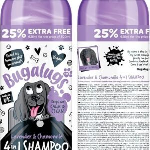 Bugalugs Lavender & Chamomile 4-in-1 Dog Shampoo and Conditioner - Professional Pet Grooming for Smelly Puppies - Vegan Formula (625ml)