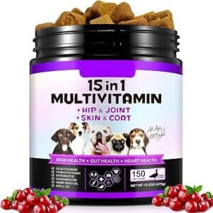15 in 1 Dog Multivitamin Chewable, Dog Multivitamin Chews for Hip and Joint, Skin Coat, Gut Health, Immune System, 150 Chews with Duck Flavour for Small, Medium and Large Dogs (150 PCS)