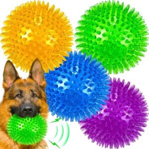 LECHONG 4-Pack Large Squeaky Dog Balls, 12cm Rubber Spiky Dog Balls for Large Medium Aggressive Chewers Teeth Cleaning, Chew Toy for Training & Boredom...