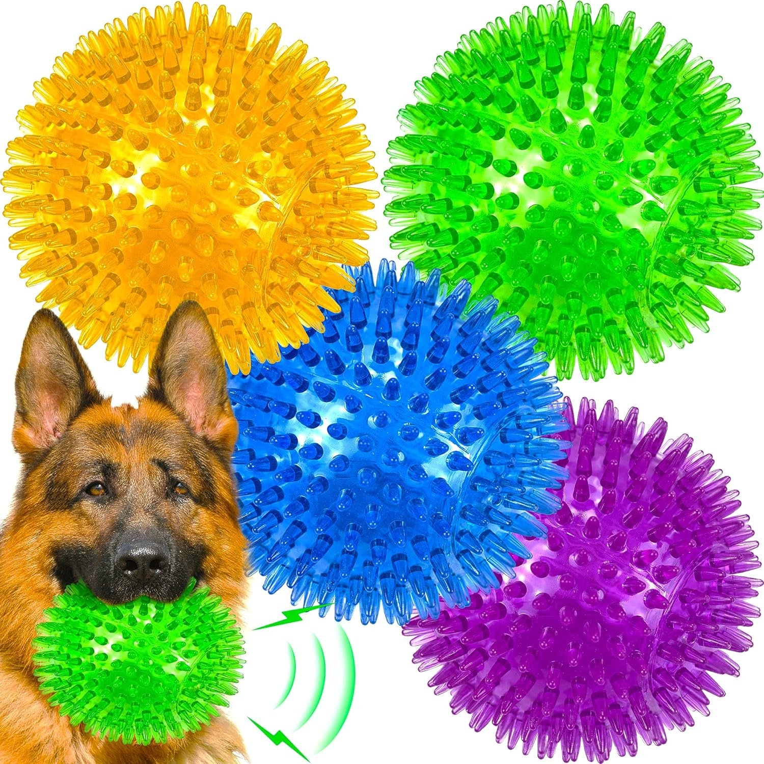 LECHONG 4-Pack Large Squeaky Dog Balls, 12cm Rubber Spiky Dog Balls for Large Medium Aggressive Chewers Teeth Cleaning, Chew Toy for Training & Boredom...
