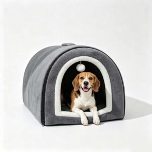 Dog Cave Bed Igloo, 2 In 1 Foldable Dog Bed House (L:60x43x40cm,Gray)
