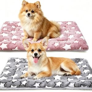2 PCS Vet Bedding Set, 61x41 cm Pet Crate Mats with Star Patterns?Soft Plush Material, Machine Washable Design, Crate and Travel Use, Small Dog and Cat Size, Grey and Pink Colour Set