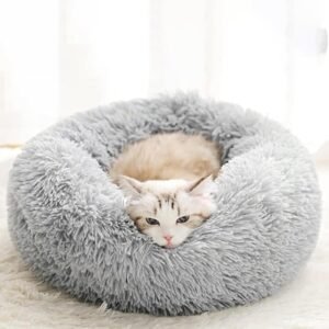 Dog & Cat Bed for Indoor Cats,60 * 60cm Calming Donut Bed for Puppy and Kitten, Washable Round Fluffy Pet Bed for Small Medium Dogs and Cats,Grey (M)