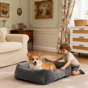 Small Dog Beds and 17CM High Puppy Bed&Appearance with Anti Bite Line Arrangement Design, Dog Cat Bed with Cool Suede Fabric Inside Small Pet Sofa Bed for French Bulldog/Corgi, 53x50x17cm