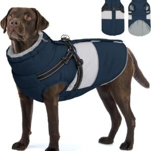 Large Dog Coat Warm Waterproof Dog Jacket with Harness Built in