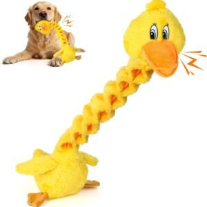 FLERDMAU Squeaky Plush Dog Toy, Yellow Duck Interactive Tug Toy with Stretchable Neck, Crinkle Paper for Boredom Relief, Soft Chew Puppy Teething Toy for...