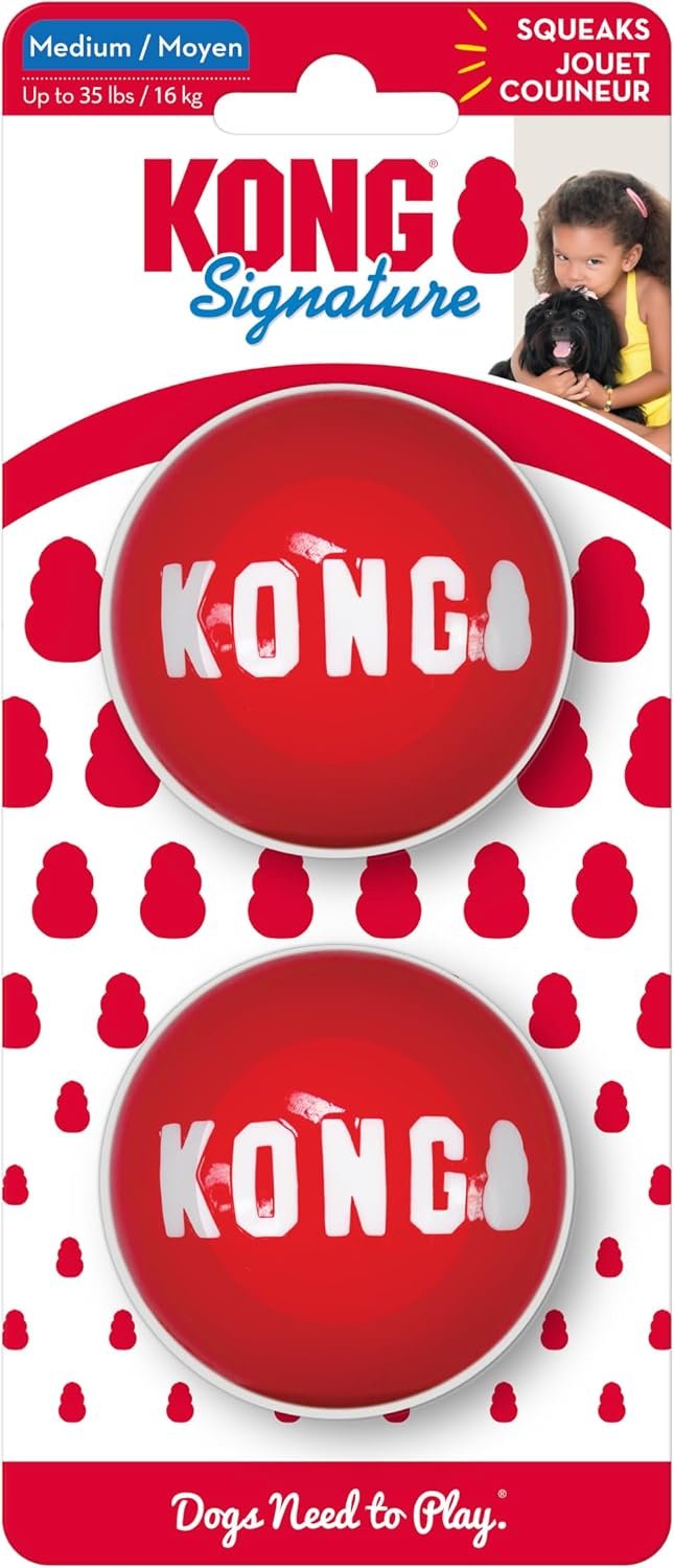 KONG Signature Balls Fetch Toy, Medium, 2-Pack | Ultra-Durable Fetch Balls with a Higher Bounce than Tennis Balls, for Energetic Chasing and Retrieving