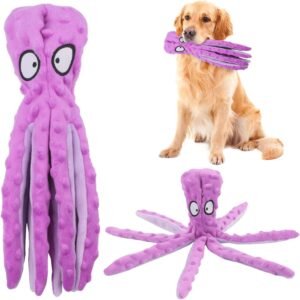RAYITO Octopus Dog Toy, No Stuffing Squeaky Dog Toys, Purple | Crinkle Legs, Soft Plush, Interactive Chew and Fetch Toy for Small To Medium Dogs