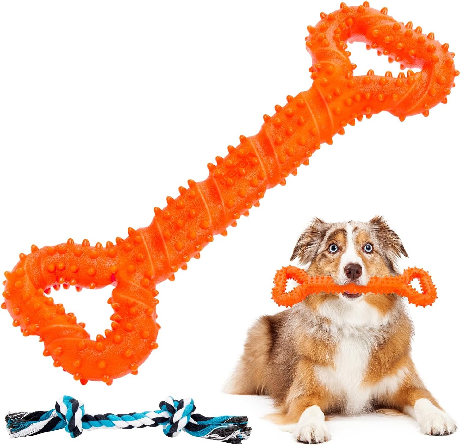 Auoinge Dog Chew toys for Aggressive Chewers, Indestructible Dog Toys for Boredom TPR Dog Teeth Cleaning Toys for Medium Large Dogs 13 Inches with Rope Gift …