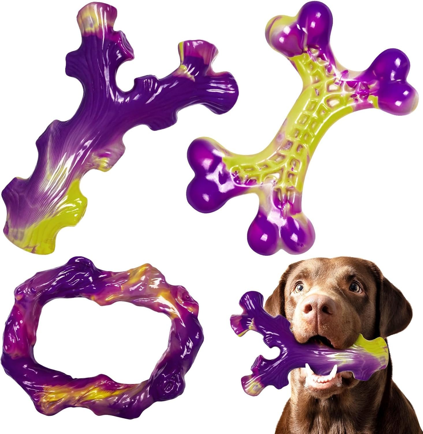 ChienBox 3-Pack Indestructible Dog Toys for Aggressive Chewers 30-80lbs | Hard Nylon Bones Dog Chew Toys for Medium & Large Dogs, Bacon Flavour Tough...