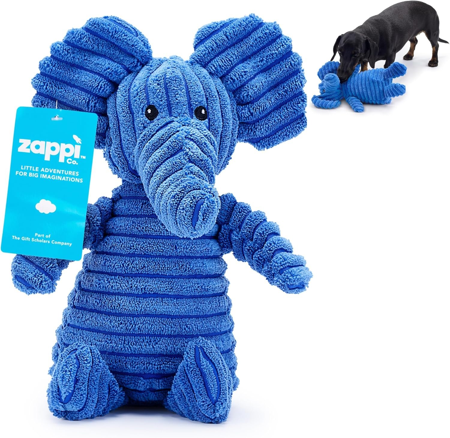 Zappi Co Blue Elephant Plush Dog Toy with Squeaker – Soft, durable, ribbed plush for cuddling and play. Perfect for small and medium dogs who enjoy a...