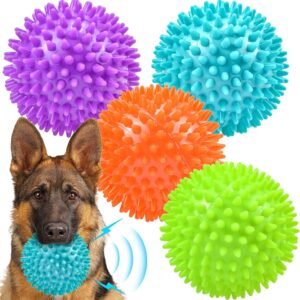Ousiya Thickened 12 cm Squeaky Dog Toy Balls, 4 Pack Spikey Indestructible Dog Balls for Aggressive Chewers for Medium Large Dogs, Durable Dog Toys for...