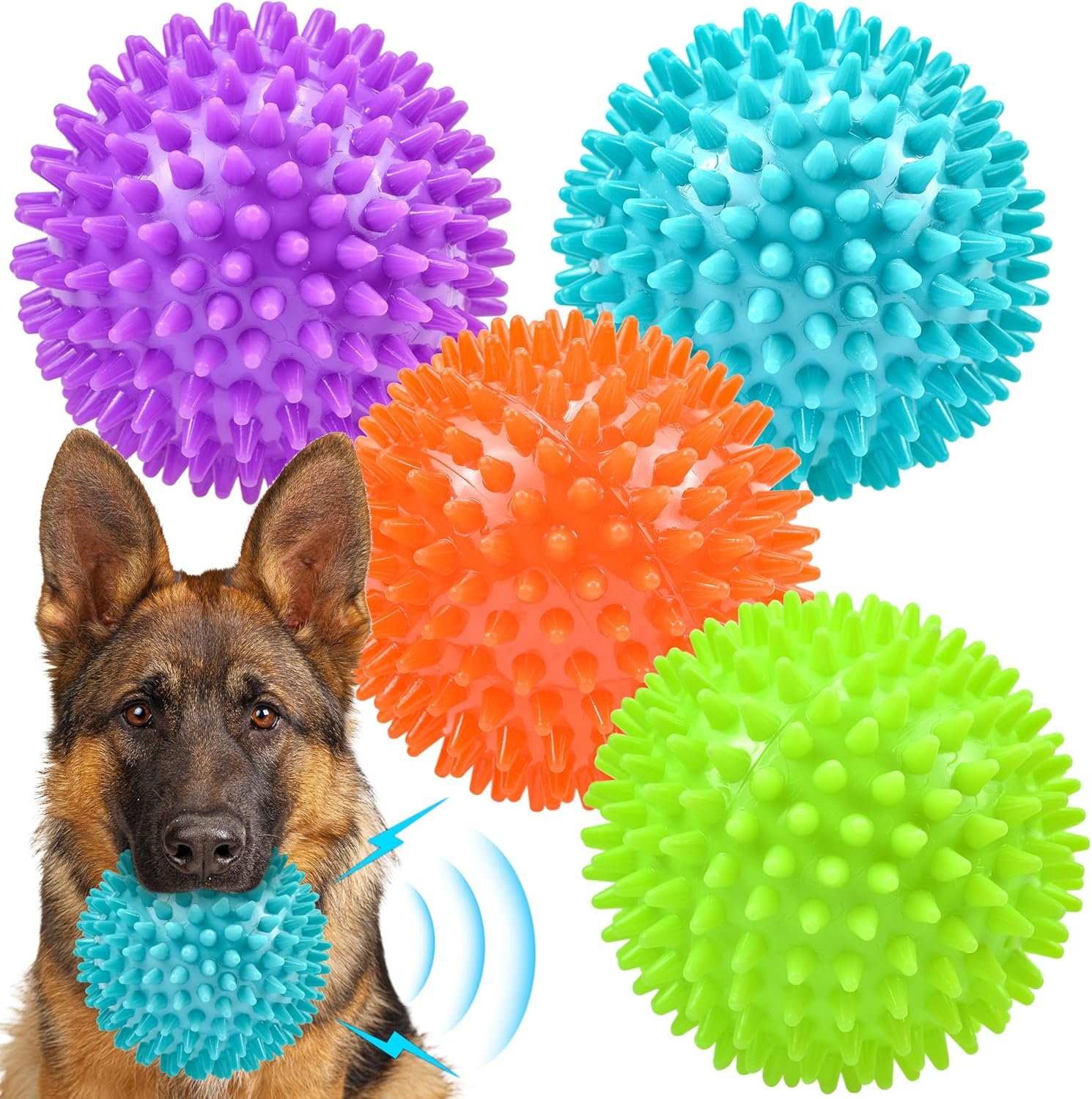 Ousiya Thickened 12 cm Squeaky Dog Toy Balls, 4 Pack Spikey Indestructible Dog Balls for Aggressive Chewers for Medium Large Dogs, Durable Dog Toys for...