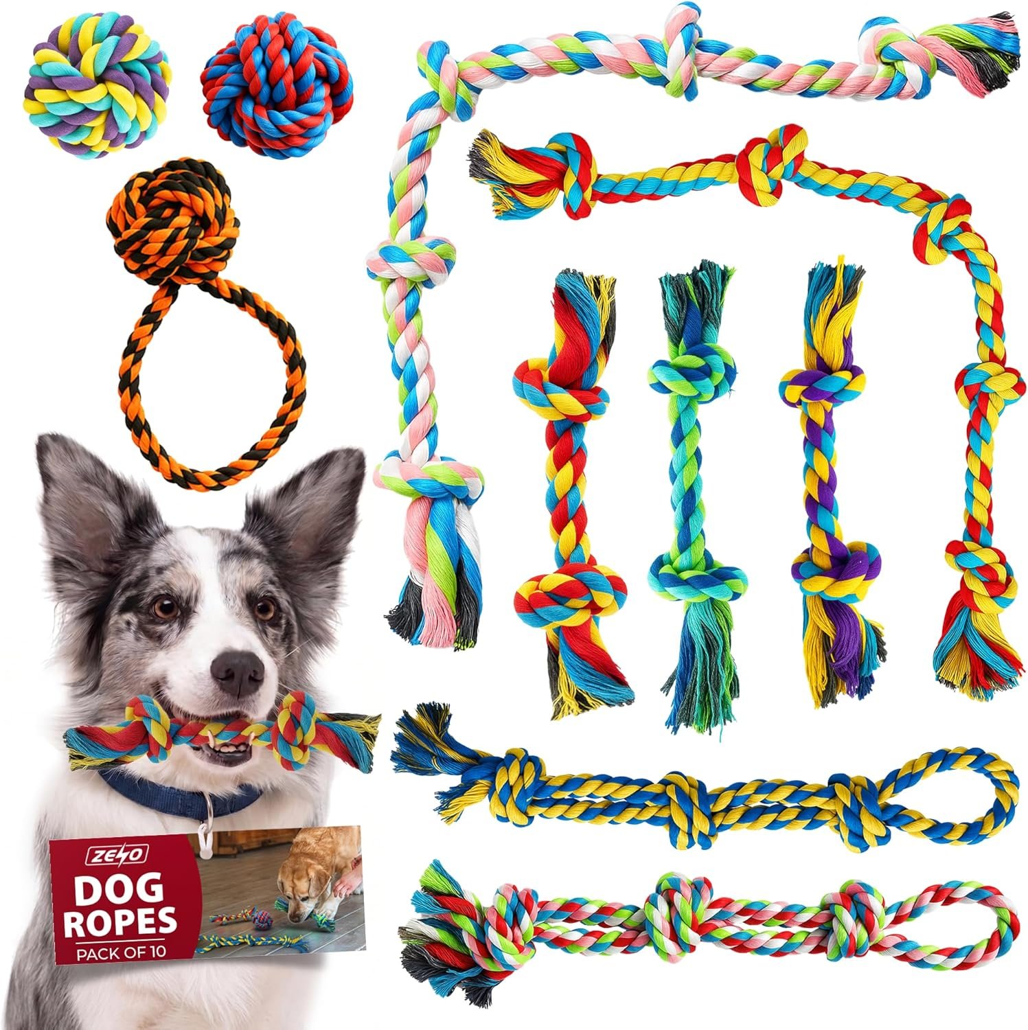 ZENO Dog Toys 10 Pack | Indestructible Dog Toys | Rope Chew Toys for Dogs | Strong Rope, Ball & Tug for Teething | Puppy Teething Toys | 100% Natural...
