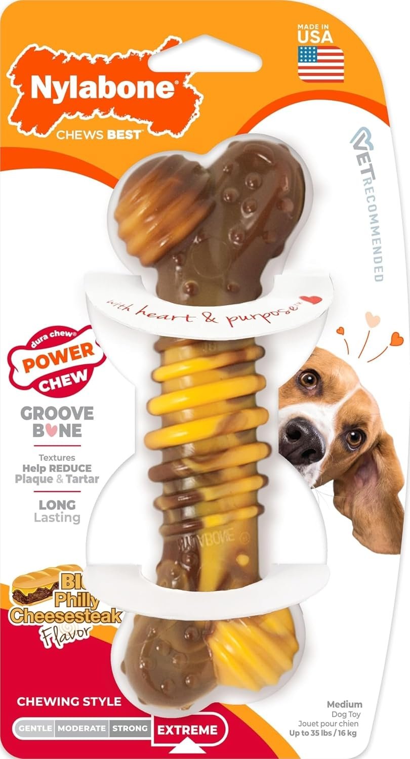 Nylabone Extreme Tough Dog Chew Toy Bone, Durable, Cleans Teeth, Beef & Cheese, Medium, for Dogs Up to 16 kg