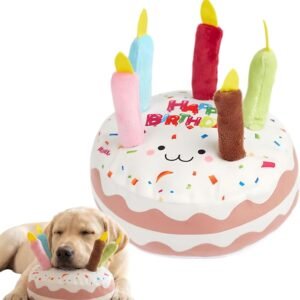 Speedy Panther Dog Birthday Cake Squeaky Plush Toy with Rope Candles, Soft, Colourful, Happy Birthday Theme