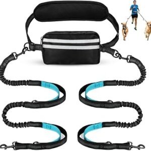 Hands free dog leash with pouch, double for two dogs, retractable leash with double padded handles, Waist-Mounted for Running,Walking, Jogging Friendly Dog Accessories (Black/Mint Green)