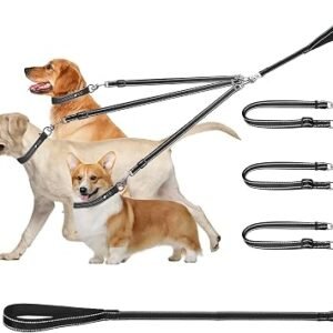 3 Dog Lead, Reflective Detachable 3 Way Dog Leash Handle padded Adjustable Triple Dog Coupler Traction Rope for Walking One, Two, Three Dogs Black